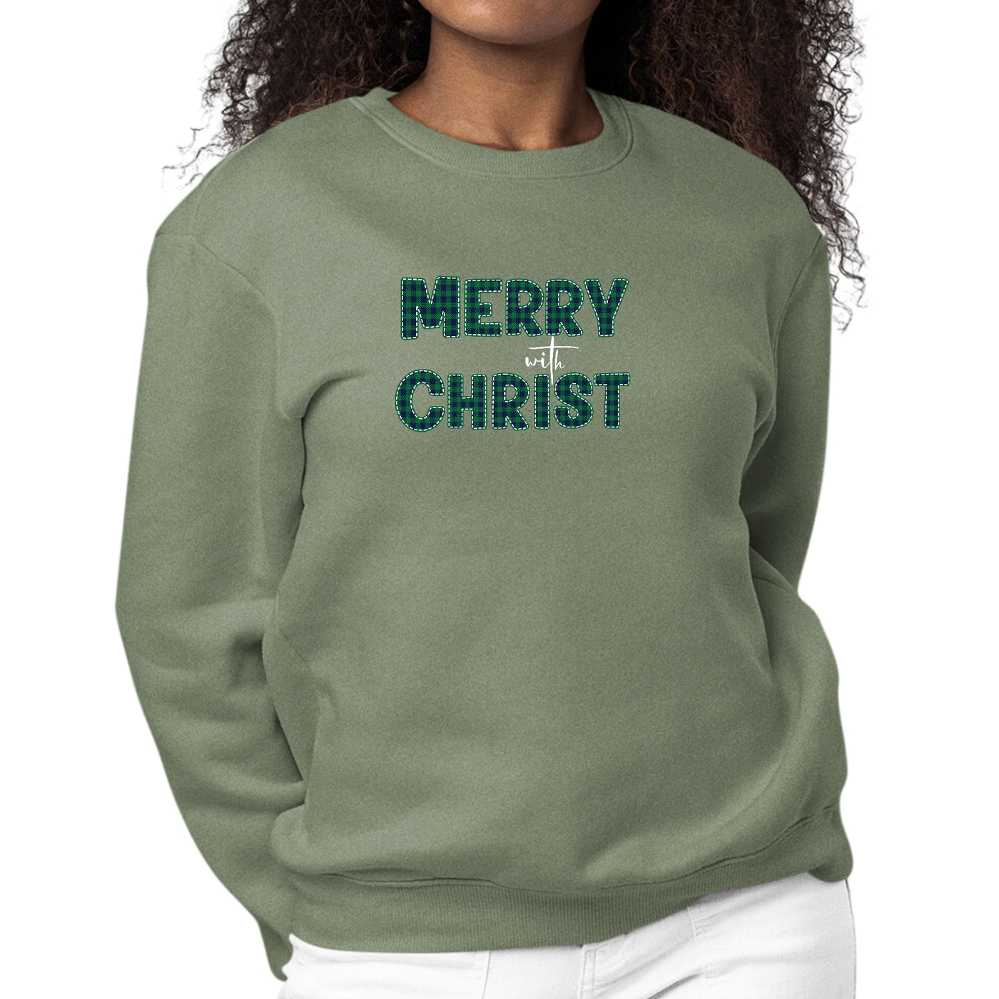 Womens Graphic Sweatshirt Merry With Christ Green Plaid Christmas - Womens