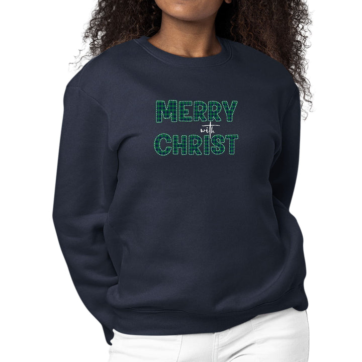 Womens Graphic Sweatshirt Merry with Christ Green Plaid Christmas - Womens