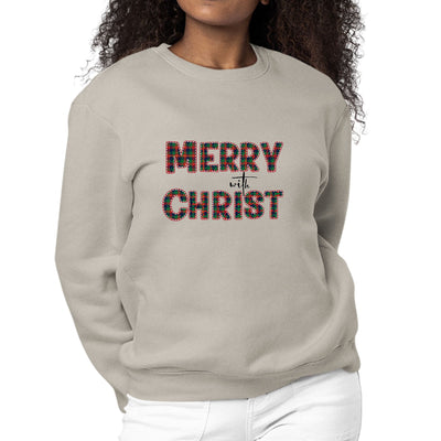 Womens Graphic Sweatshirt Merry With Christ Red And Green Plaid - Sweatshirts