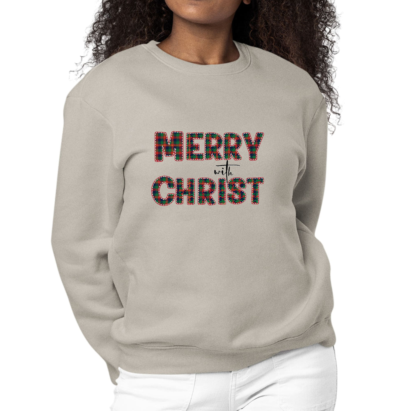 Womens Graphic Sweatshirt Merry With Christ Red And Green Plaid - Womens