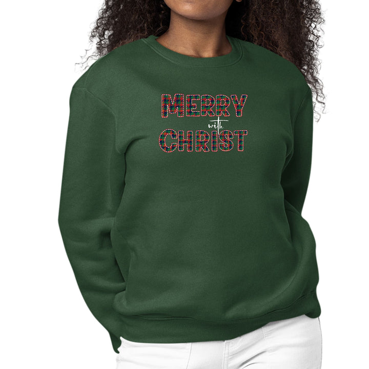 Womens Graphic Sweatshirt Merry with Christ Red and Green Plaid - Womens