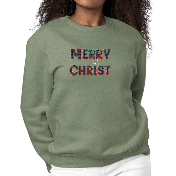 Womens Graphic Sweatshirt Merry with Christ Red and Green Plaid - Womens