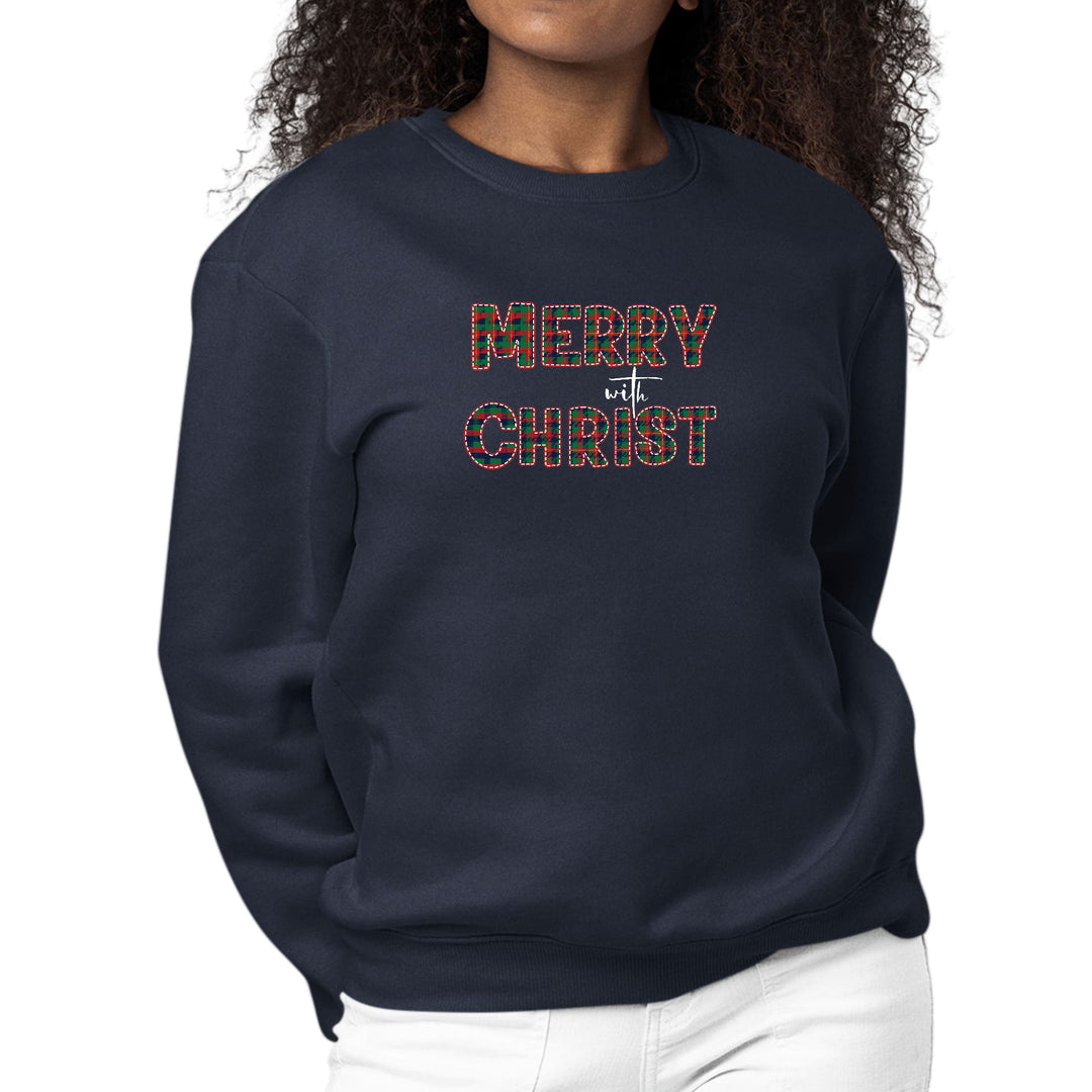 Womens Graphic Sweatshirt Merry with Christ Red and Green Plaid - Womens