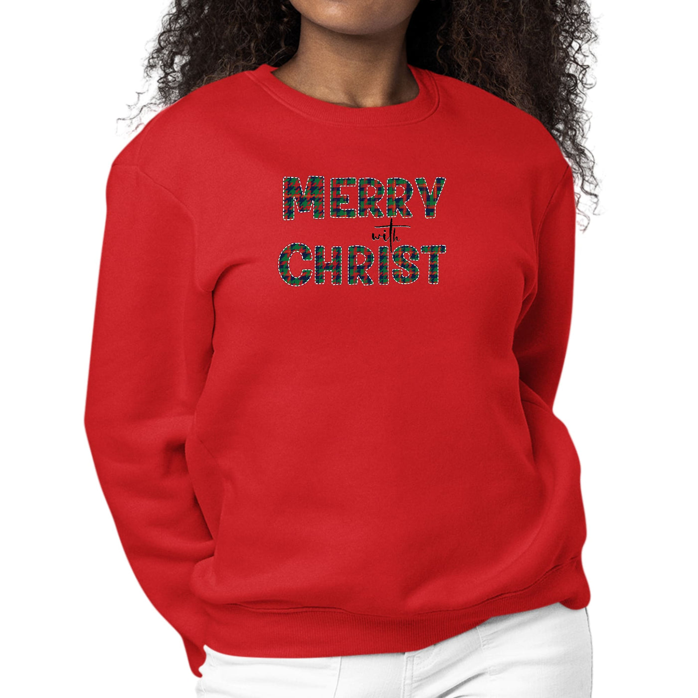 Womens Graphic Sweatshirt Merry With Christ Red And Green Plaid - Sweatshirts