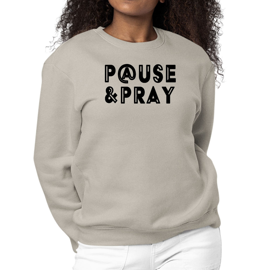 Womens Graphic Sweatshirt Pause and Pray Black Illustration - Womens