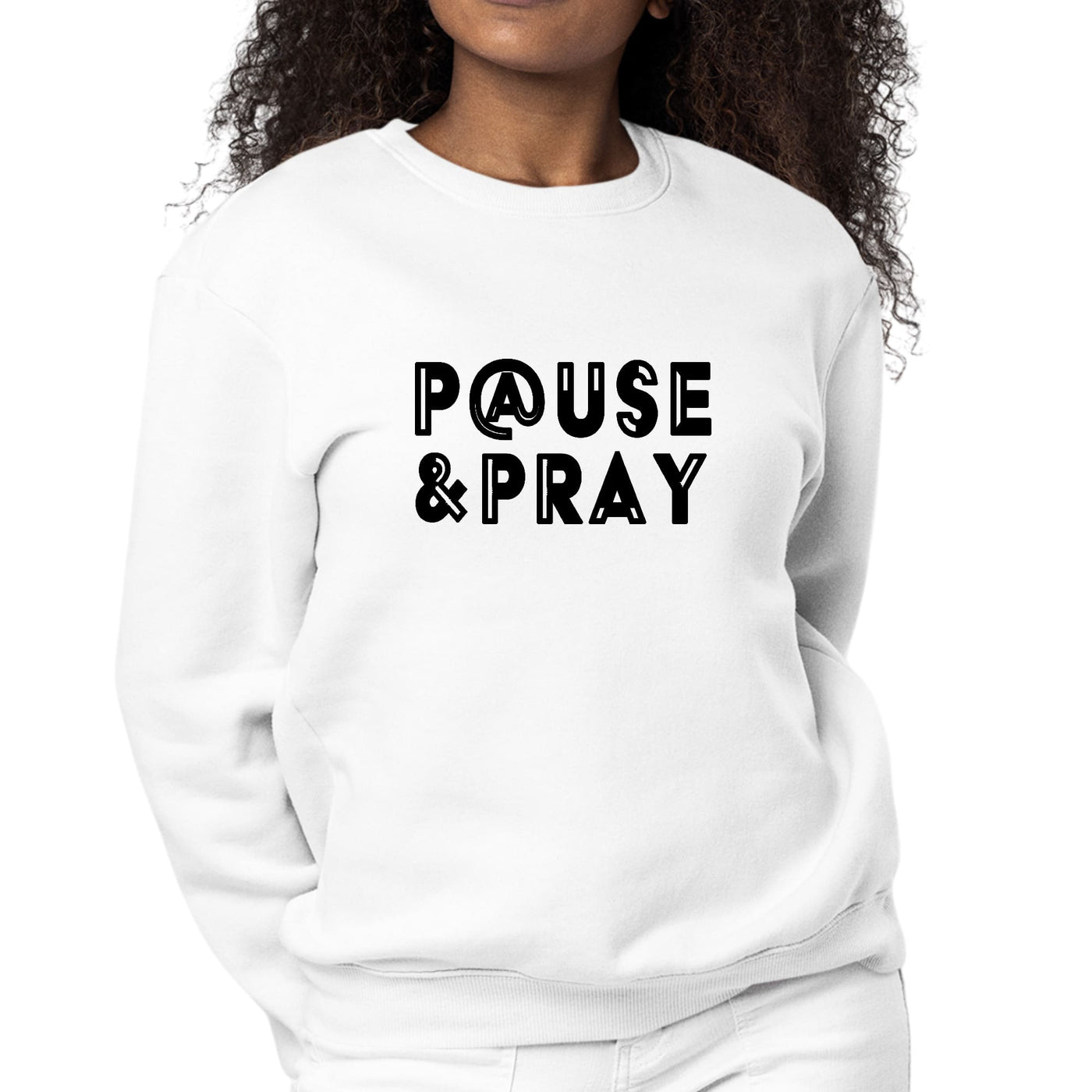 Womens Graphic Sweatshirt Pause And Pray Black Illustration - Womens