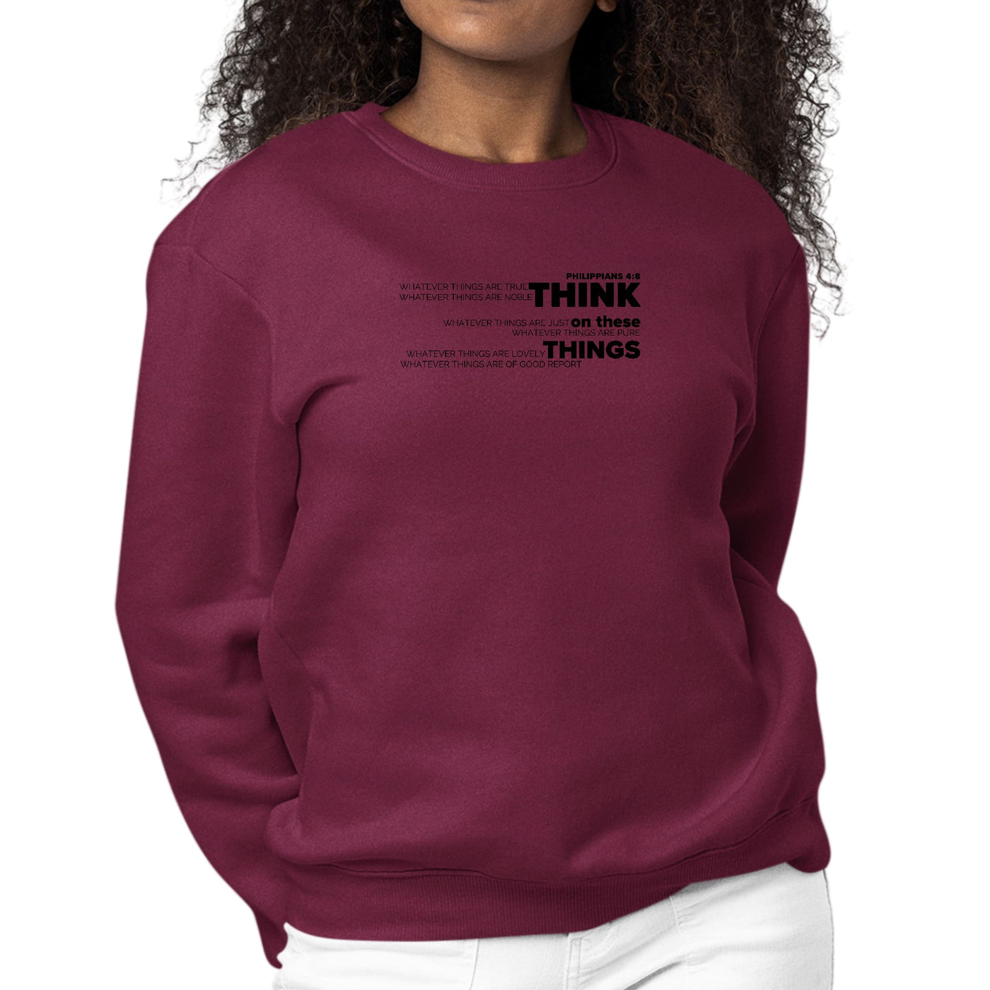 Womens Graphic Sweatshirt Think On These Things Black Illustration - Womens