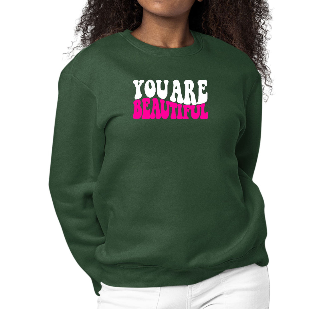 Womens Graphic Sweatshirt you are Beautiful Pink White Affirmation - Womens