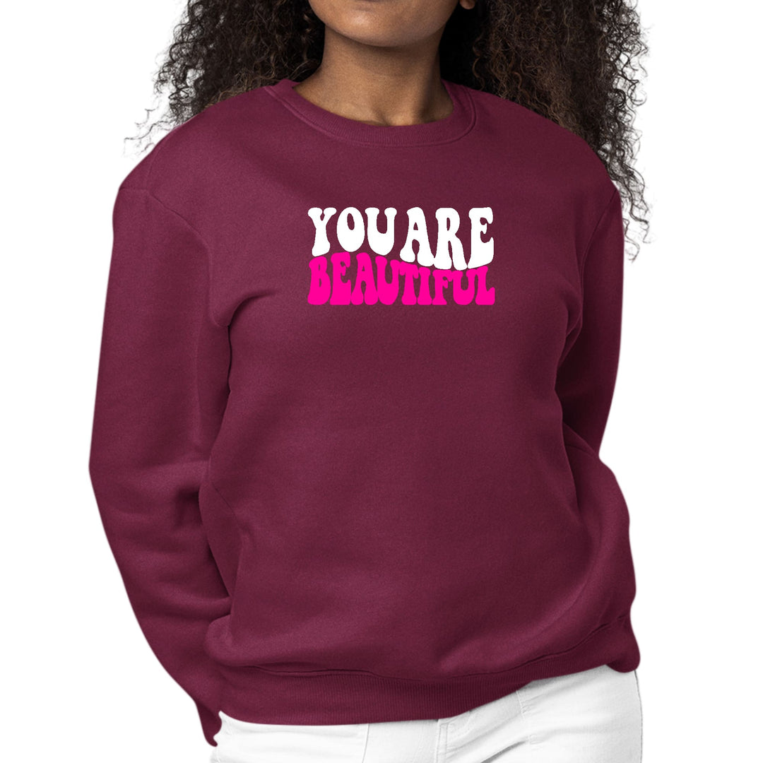 Womens Graphic Sweatshirt you are Beautiful Pink White Affirmation - Womens