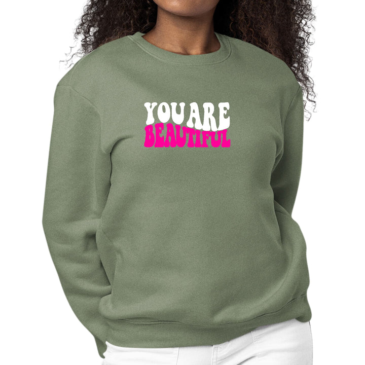 Womens Graphic Sweatshirt you are Beautiful Pink White Affirmation - Womens