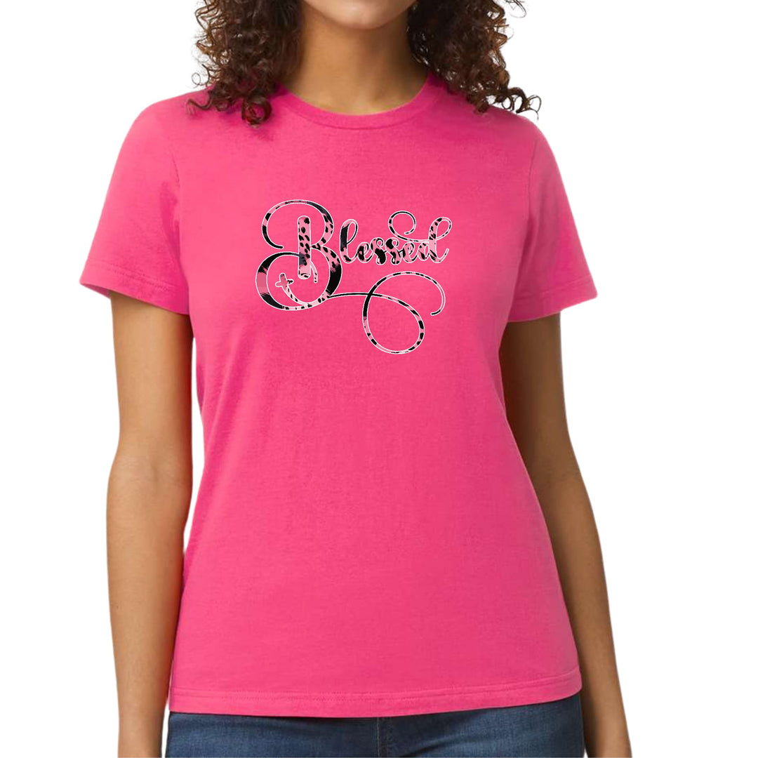 Womens Graphic T-shirt Blessed Pink and Black Patterned Graphic - Womens