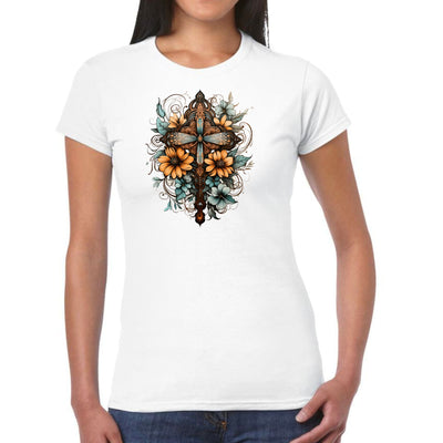Womens Graphic T - shirt Blue Brown Yellow Christian Cross Floral - T - Shirts