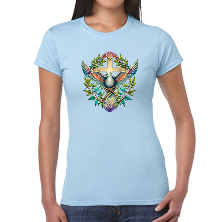 Womens Graphic T-shirt Blue Green Multicolor Dove Floral Illustration - Womens