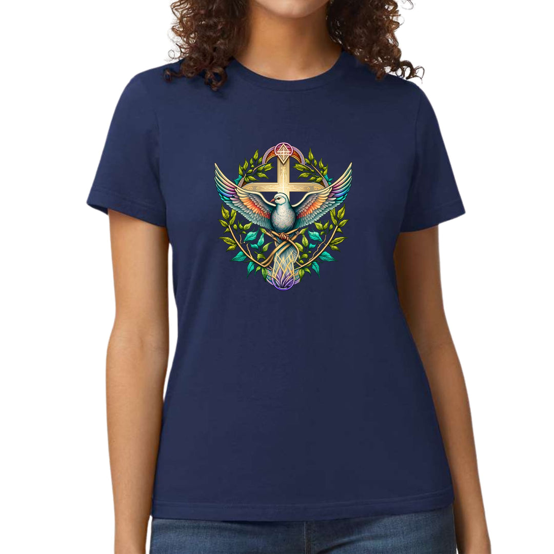 Womens Graphic T-shirt Blue Green Multicolor Dove Floral Illustration - Womens