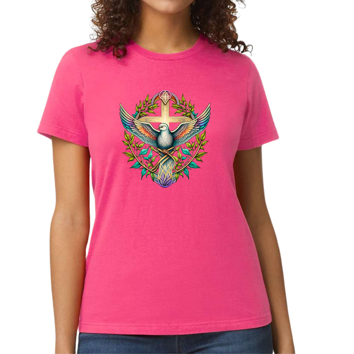 Womens Graphic T-shirt Blue Green Multicolor Dove Floral Illustration - Womens