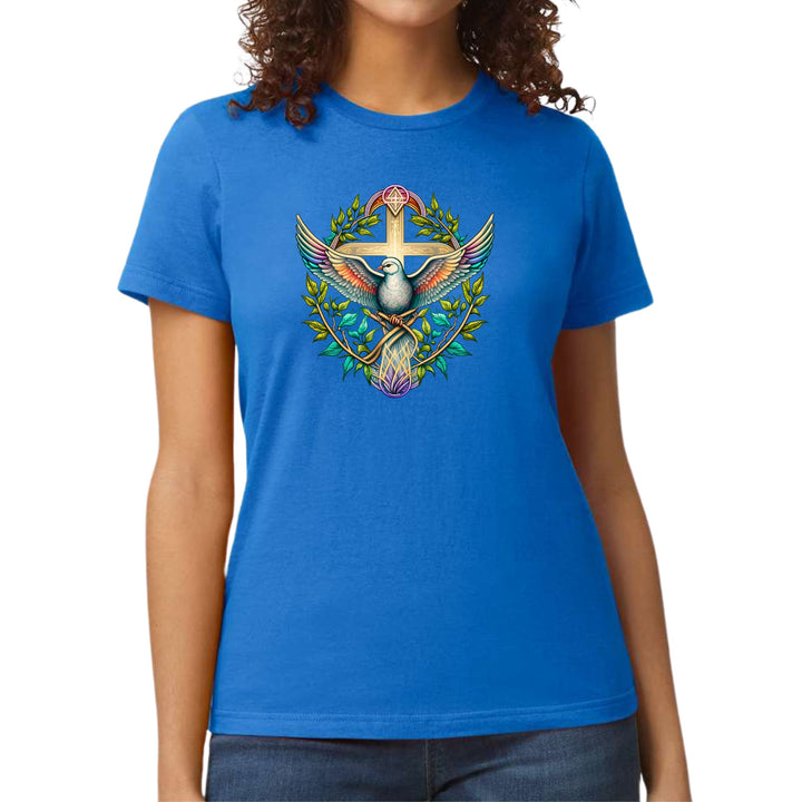 Womens Graphic T-shirt Blue Green Multicolor Dove Floral Illustration - Womens