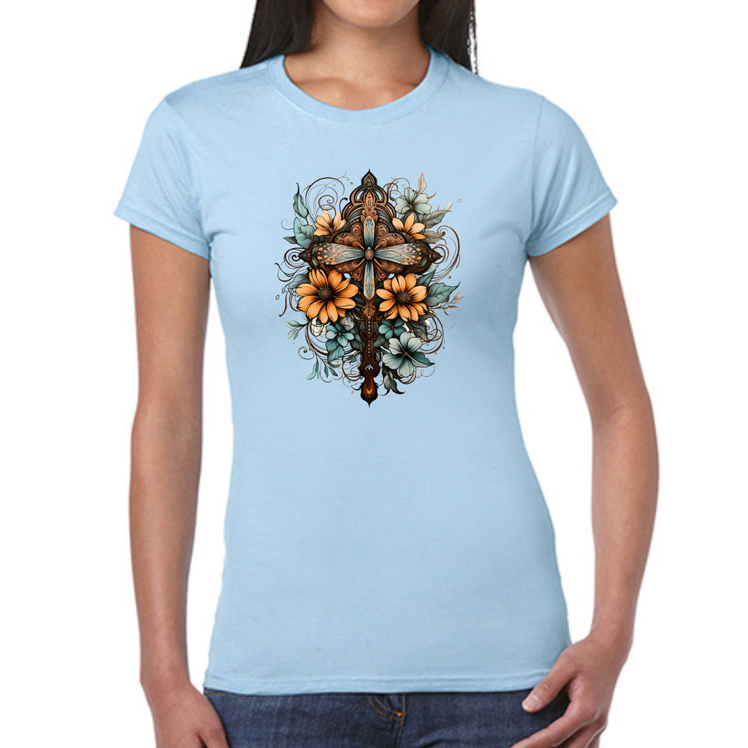 Womens Graphic T-shirt Christian Cross Floral Bouquet Brown and Blue - Womens