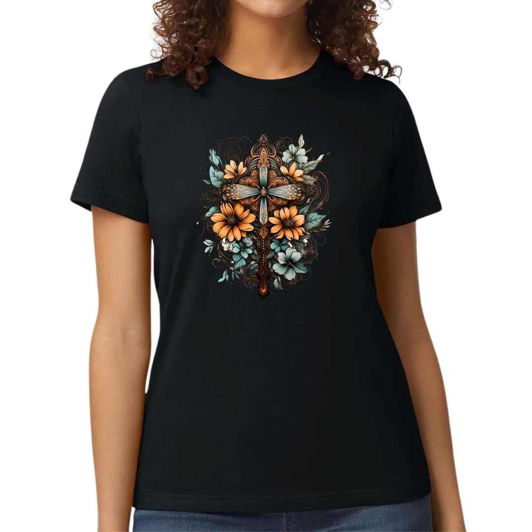 Womens Graphic T-shirt Christian Cross Floral Bouquet Brown and Blue - Womens