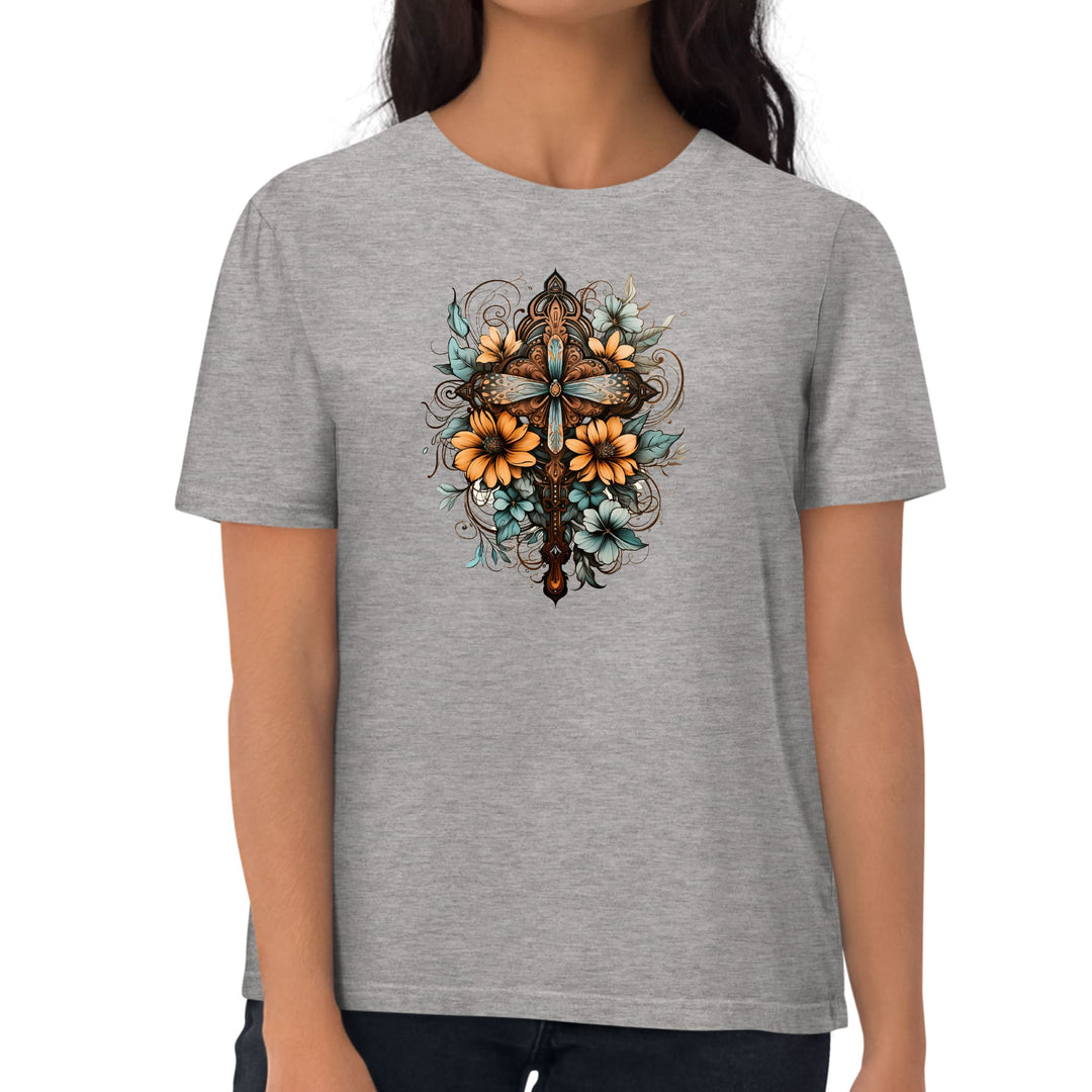 Womens Graphic T-shirt Christian Cross Floral Bouquet Brown and Blue - Womens