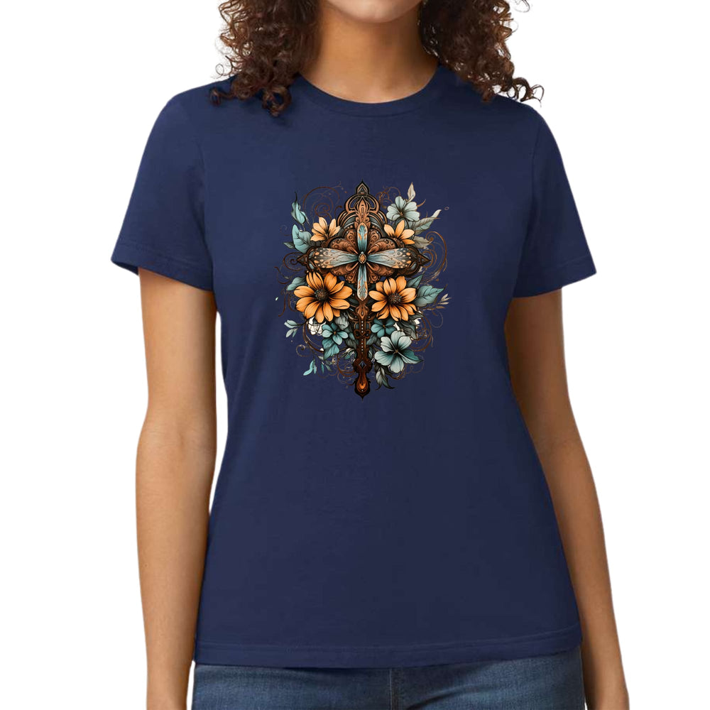 Womens Graphic T-shirt Christian Cross Floral Bouquet Brown and Blue - Womens