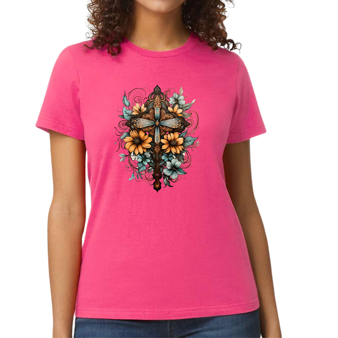 Womens Graphic T-shirt Christian Cross Floral Bouquet Brown and Blue - Womens