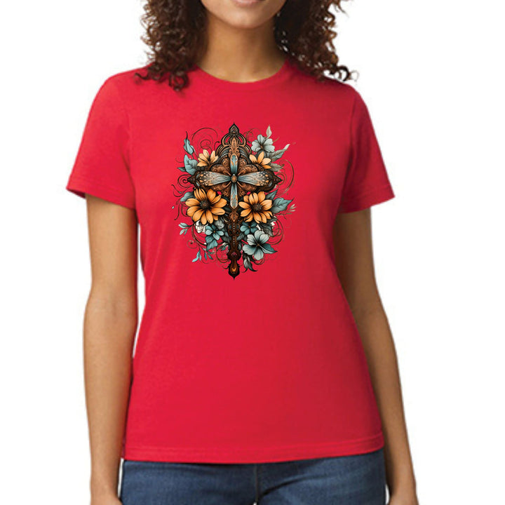 Womens Graphic T-shirt Christian Cross Floral Bouquet Brown and Blue - Womens