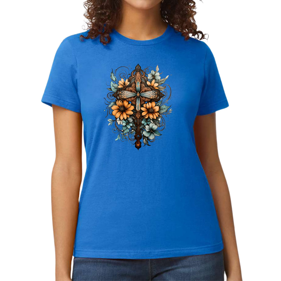 Womens Graphic T-shirt Christian Cross Floral Bouquet Brown and Blue - Womens