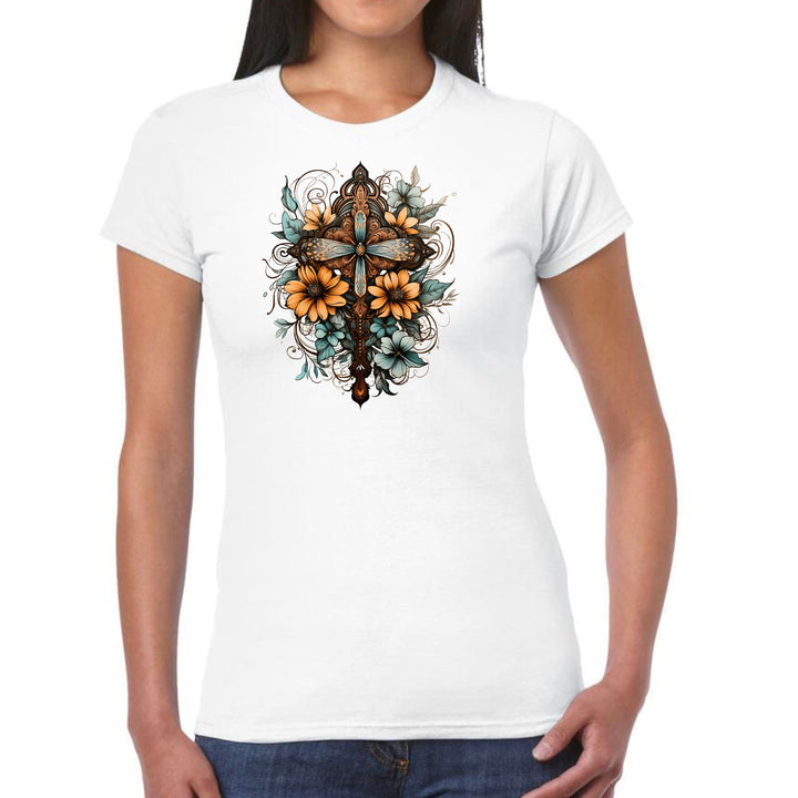 Womens Graphic T-shirt Christian Cross Floral Bouquet Brown and Blue - Womens