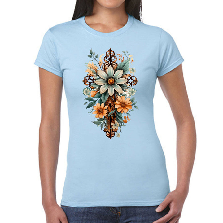 Womens Graphic T-shirt Christian Cross Floral Bouquet Green and Brown - Womens