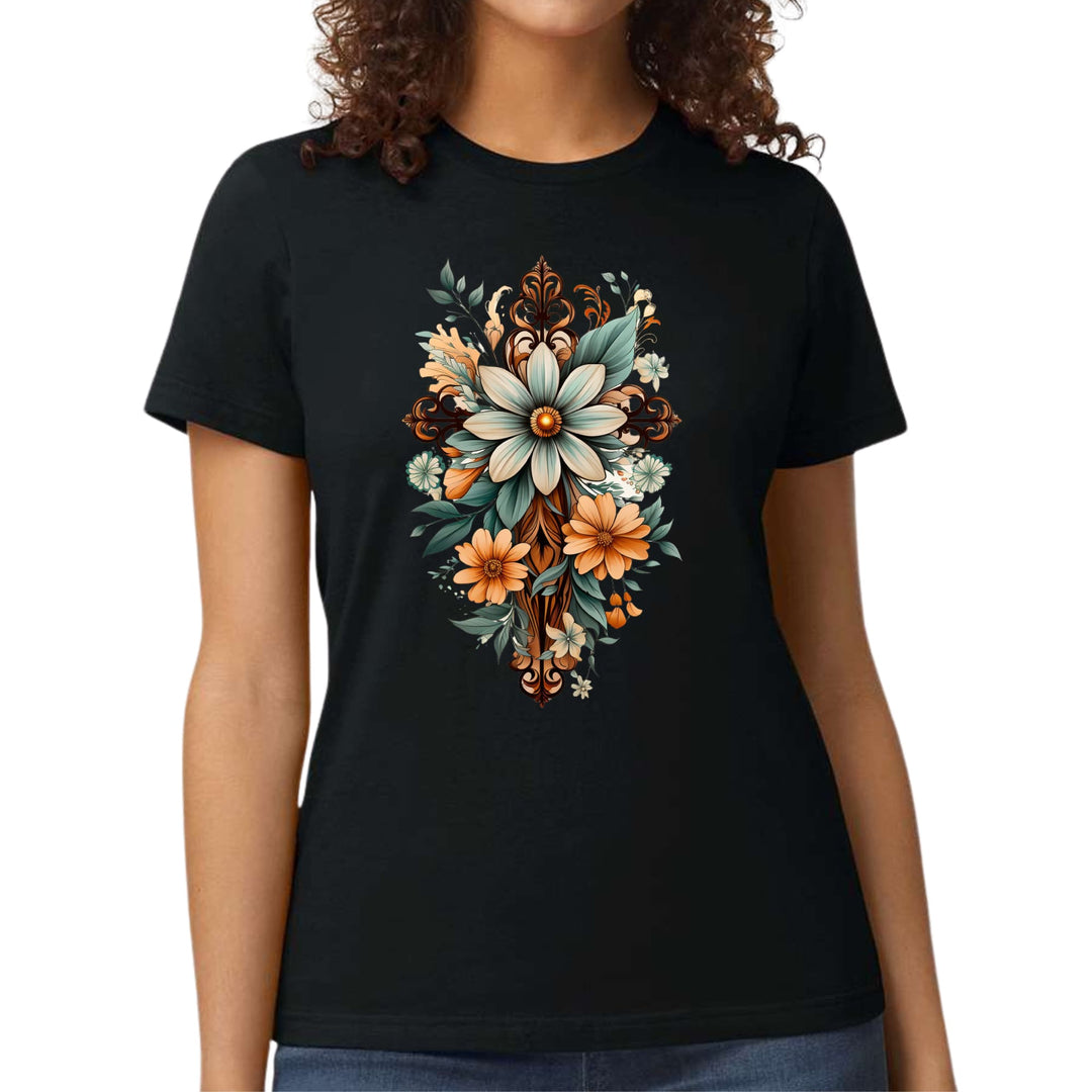 Womens Graphic T-shirt Christian Cross Floral Bouquet Green and Brown - Womens