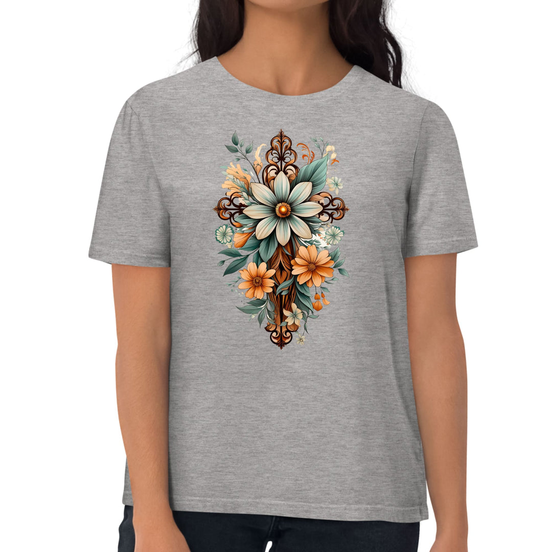 Womens Graphic T-shirt Christian Cross Floral Bouquet Green and Brown - Womens