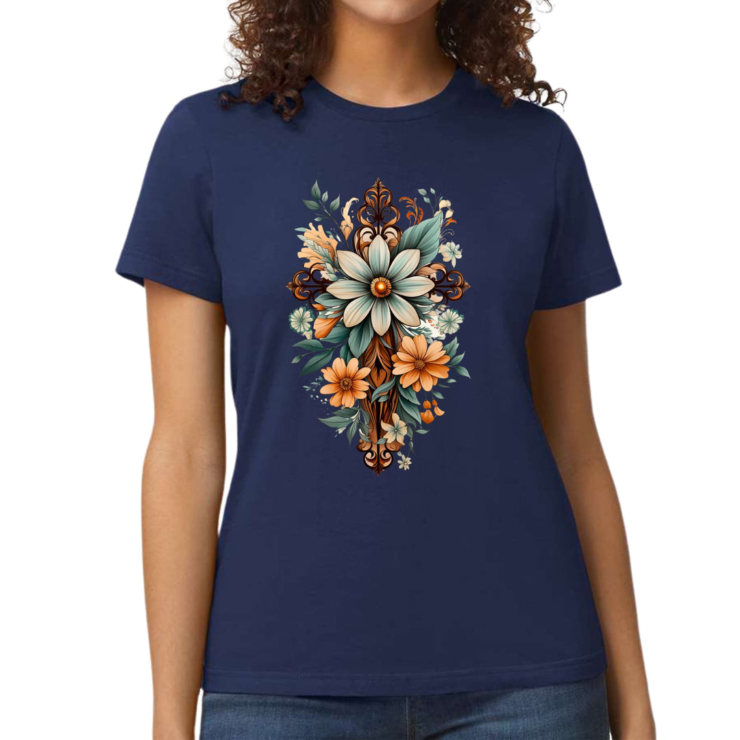 Womens Graphic T-shirt Christian Cross Floral Bouquet Green and Brown - Womens