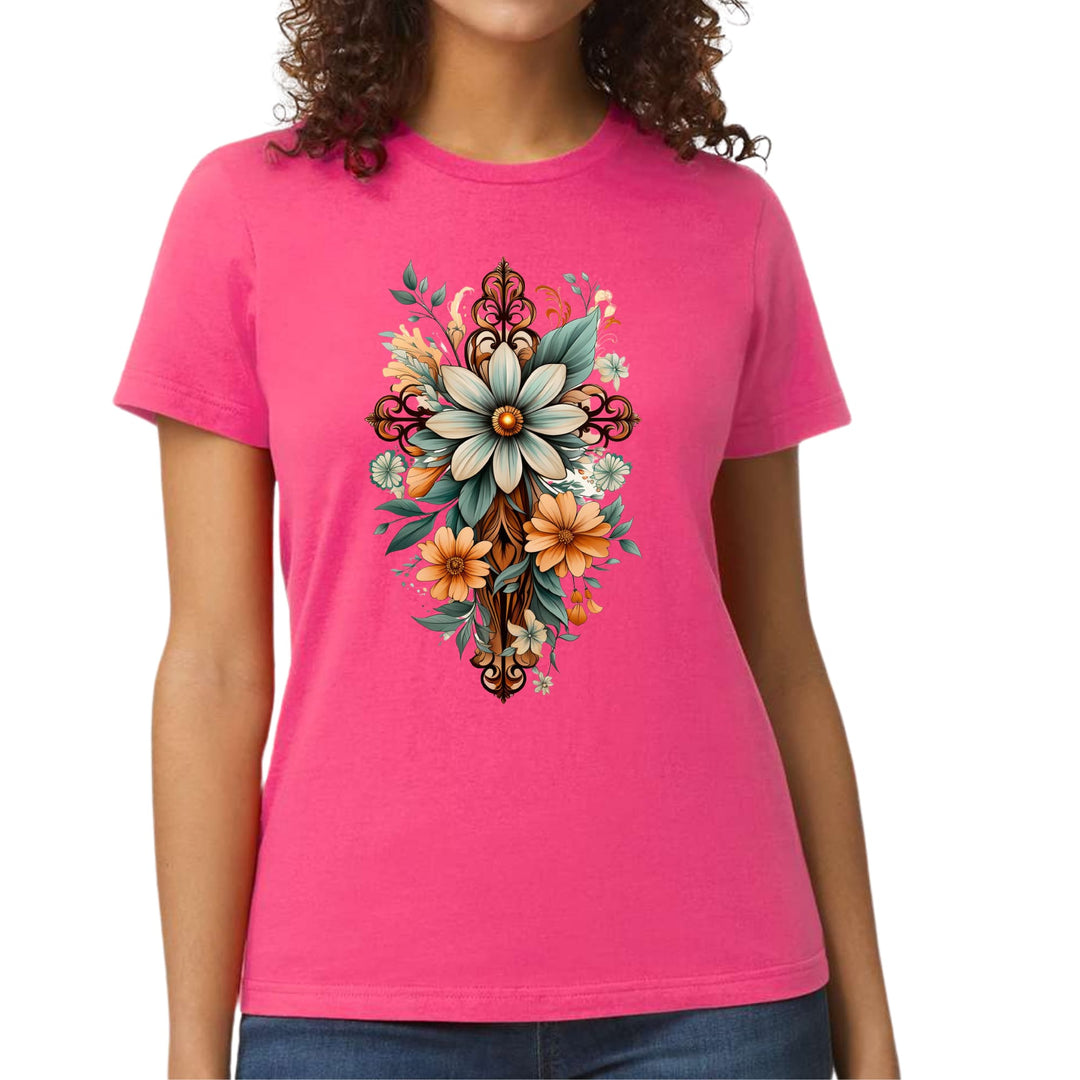 Womens Graphic T-shirt Christian Cross Floral Bouquet Green and Brown - Womens