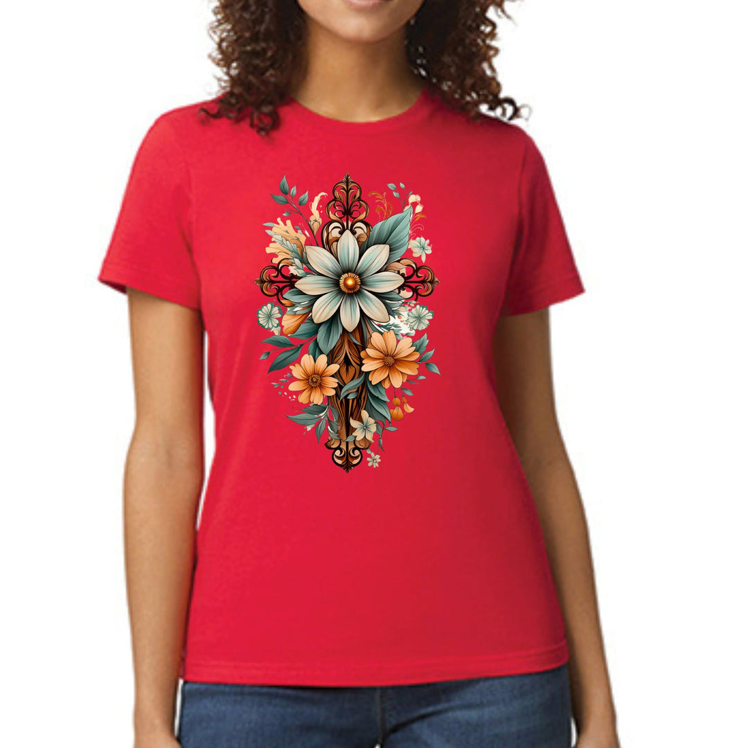 Womens Graphic T-shirt Christian Cross Floral Bouquet Green and Brown - Womens