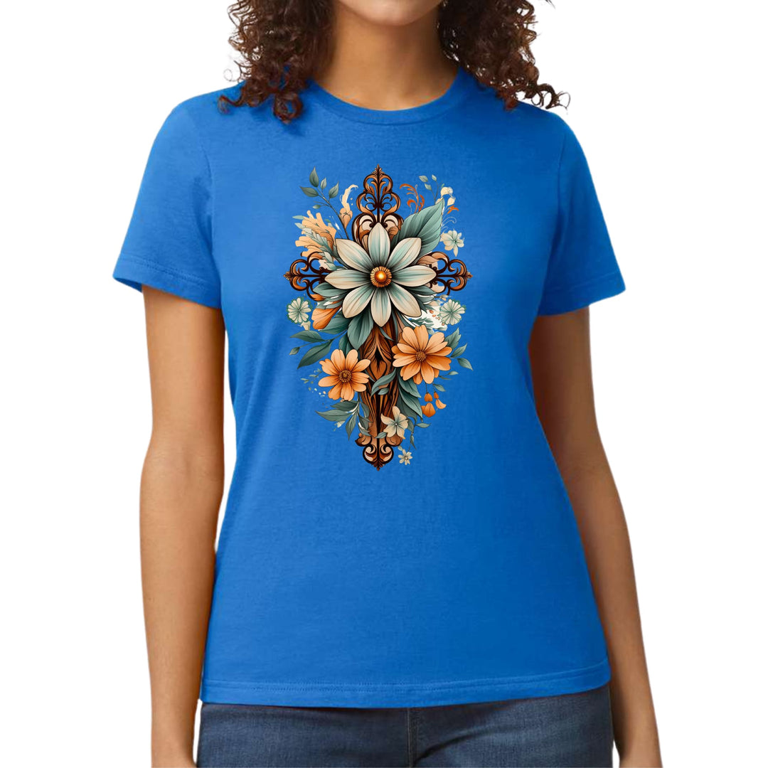 Womens Graphic T-shirt Christian Cross Floral Bouquet Green and Brown - Womens