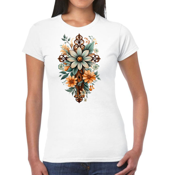 Womens Graphic T-shirt Christian Cross Floral Bouquet Green and Brown - Womens