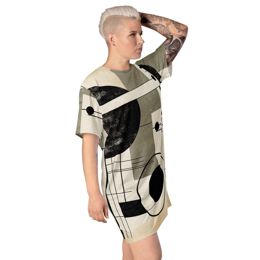 Womens Graphic T-shirt Dress Abstract Black Beige Brown Geometric - Womens