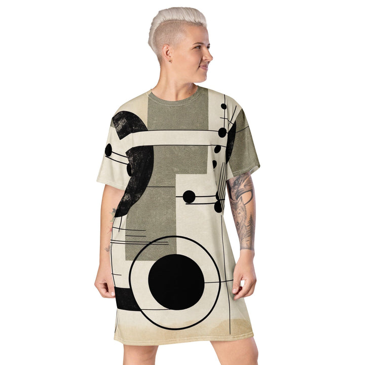 Womens Graphic T-shirt Dress Abstract Black Beige Brown Geometric - Womens