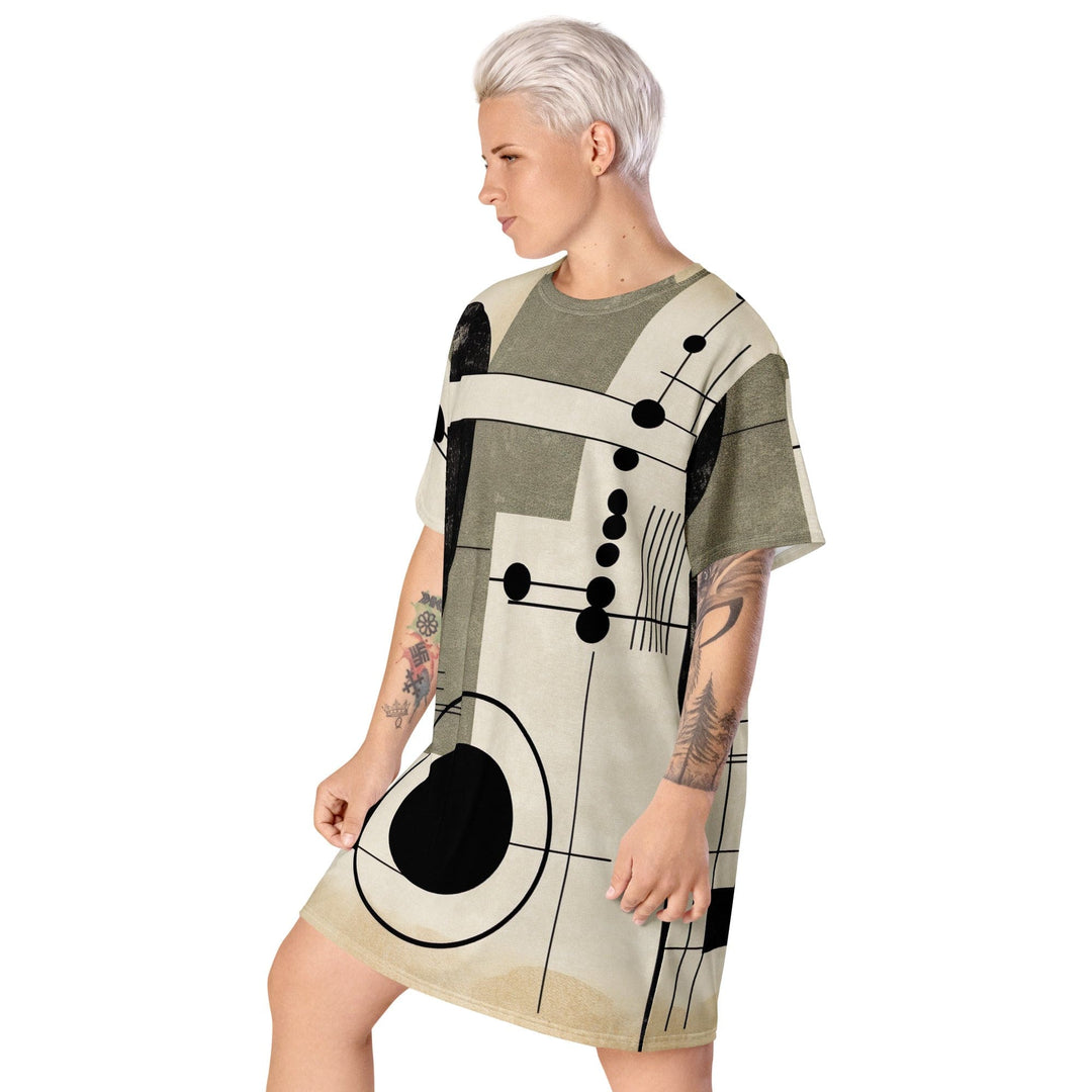 Womens Graphic T-shirt Dress Abstract Black Beige Brown Geometric - Womens