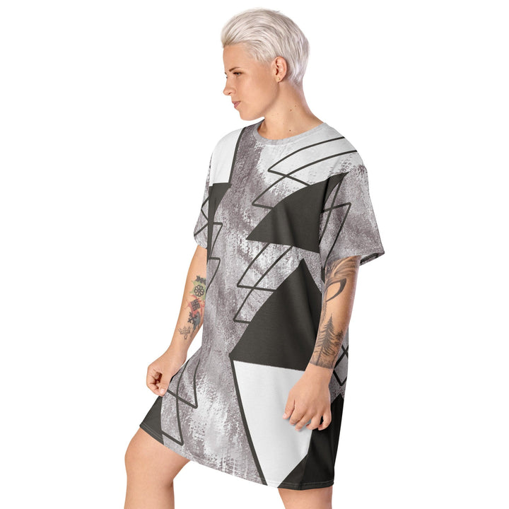 Womens Graphic T-shirt Dress Ash Grey and White Triangular Colorblock - Womens