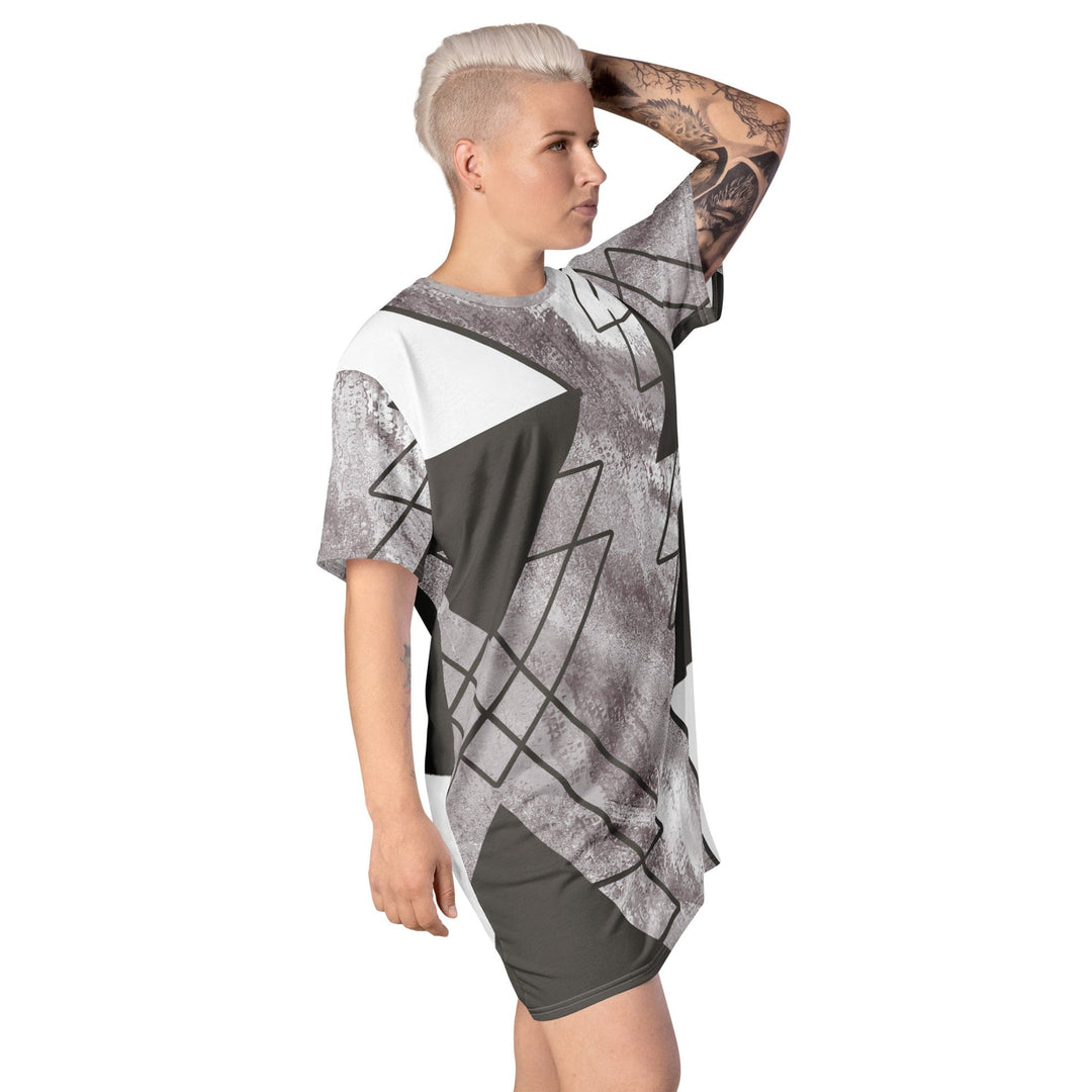 Womens Graphic T-shirt Dress Ash Grey and White Triangular Colorblock - Womens