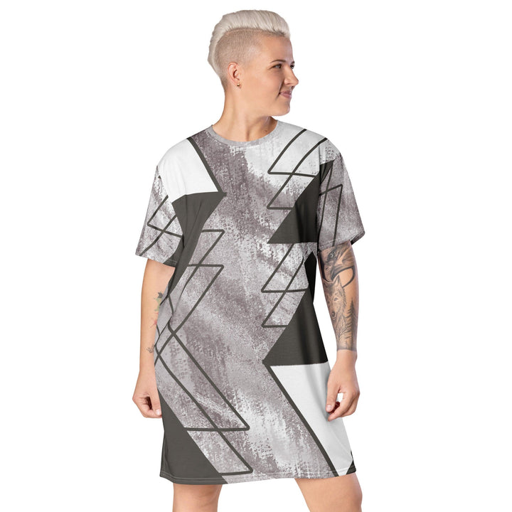 Womens Graphic T-shirt Dress Ash Grey and White Triangular Colorblock - Womens