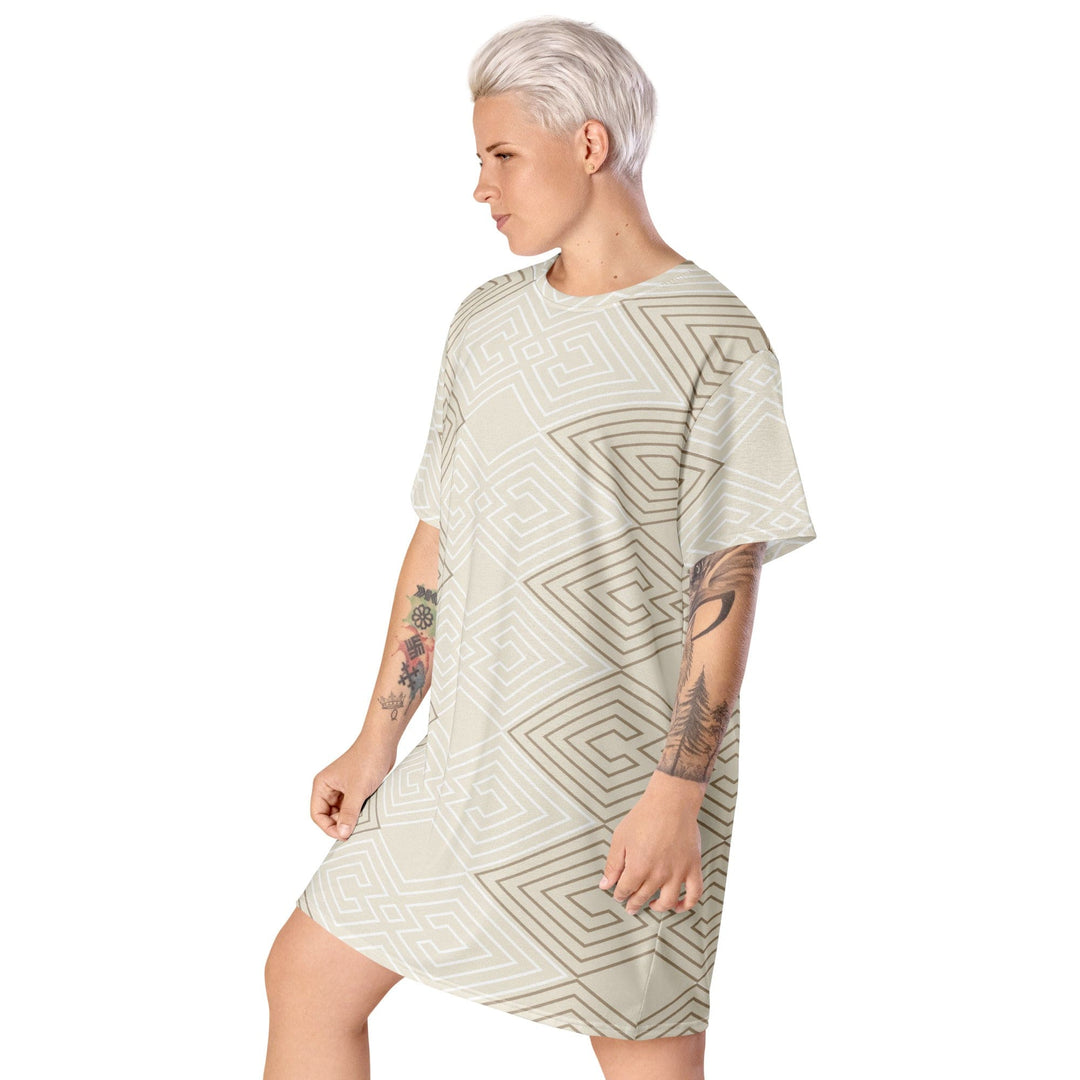 Womens Graphic T-shirt Dress Beige Brown Aztec Geometric Lines - Womens