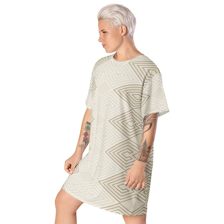 Womens Graphic T-shirt Dress Beige Brown Aztec Geometric Lines - Womens