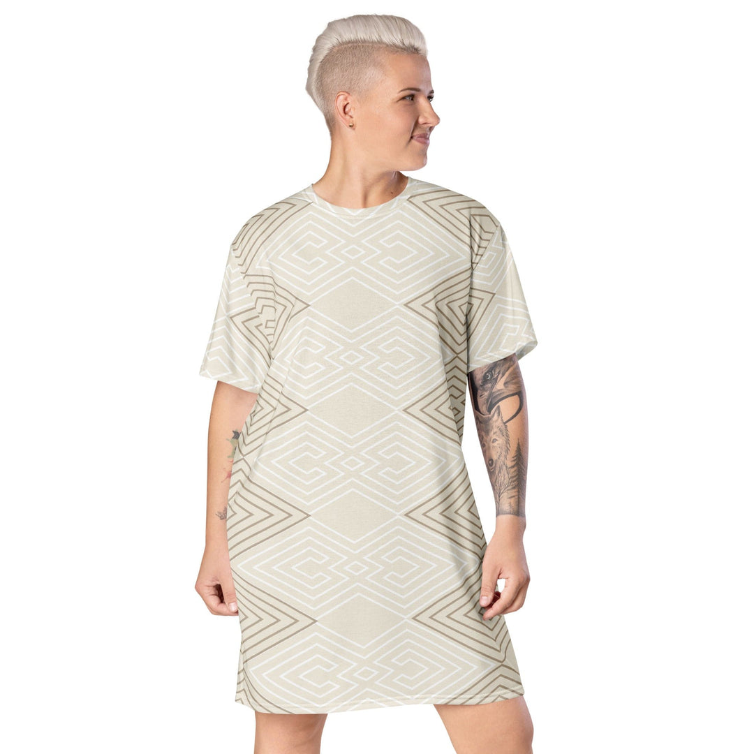 Womens Graphic T-shirt Dress Beige Brown Aztec Geometric Lines - Womens