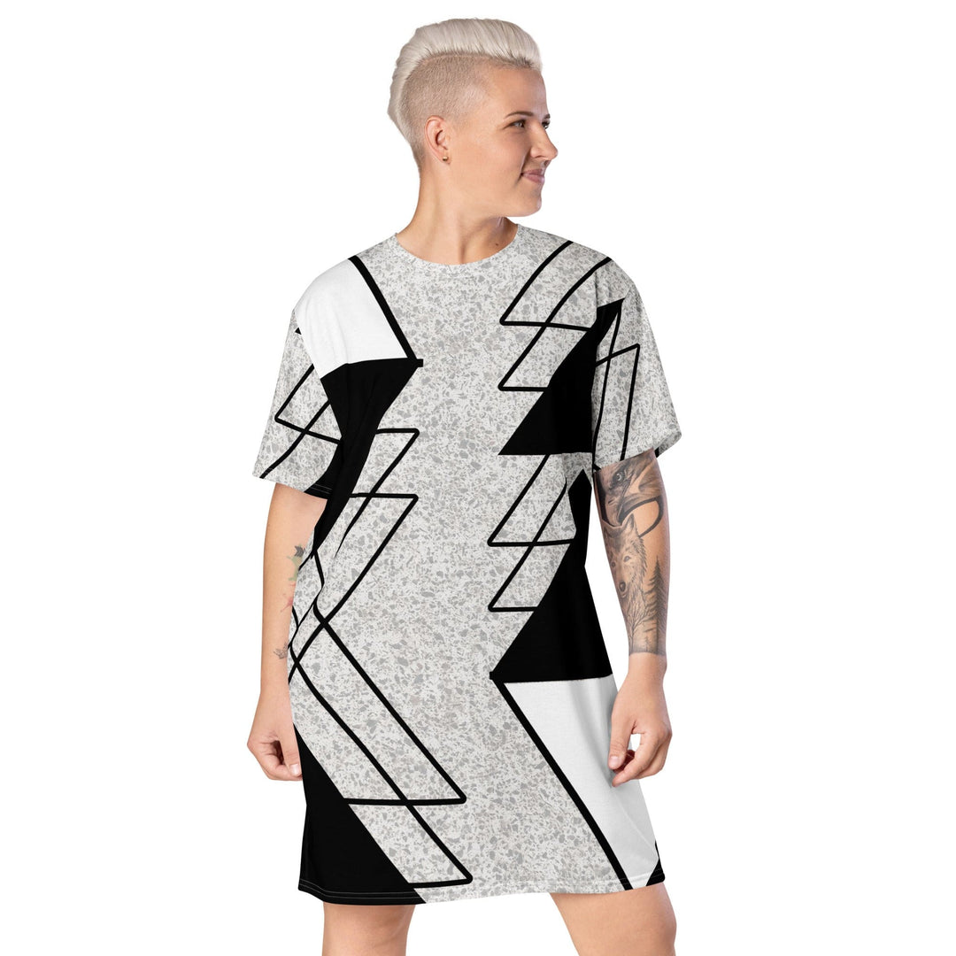 Womens Graphic T-shirt Dress Black and White Ash Grey Triangular - Womens