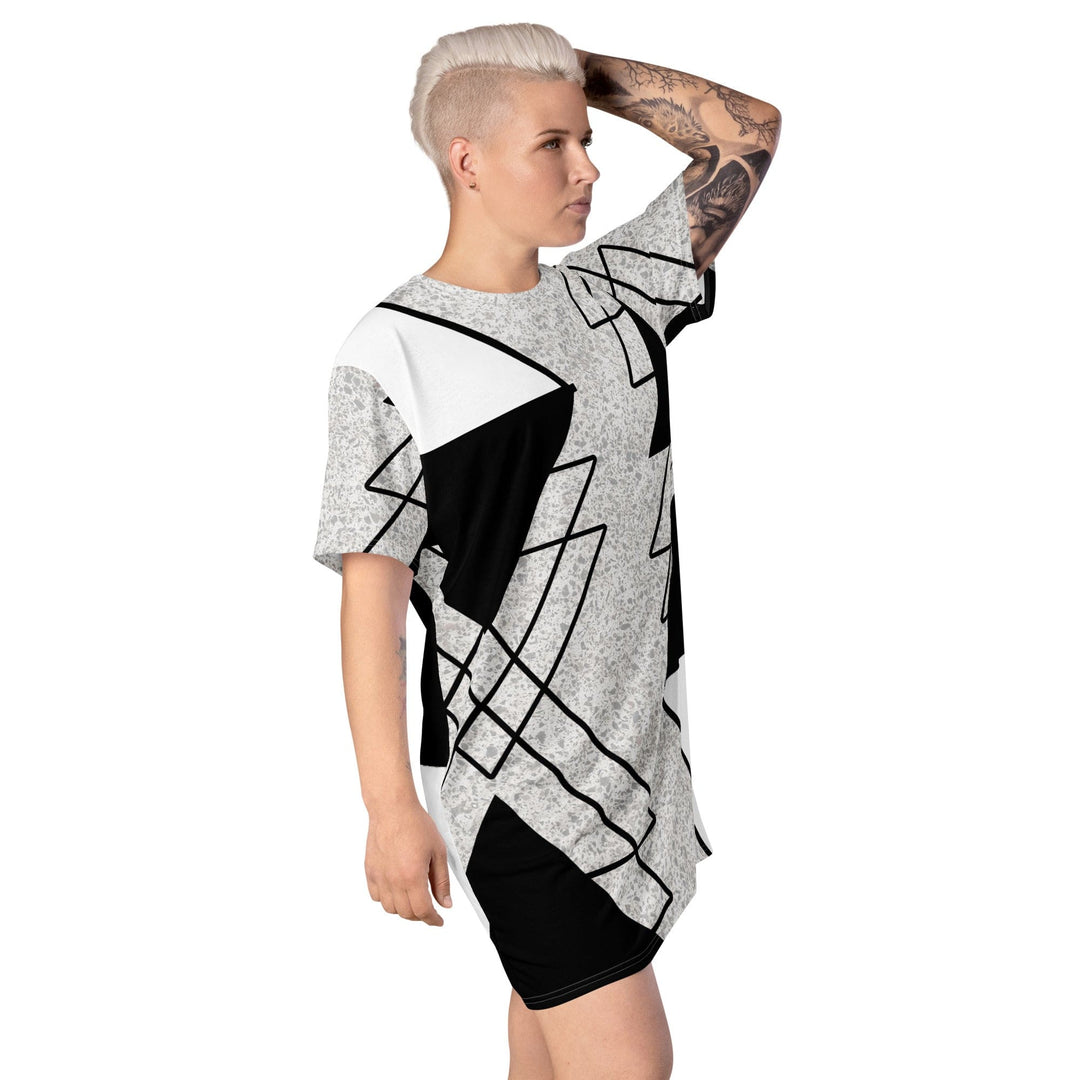 Womens Graphic T-shirt Dress Black and White Ash Grey Triangular - Womens