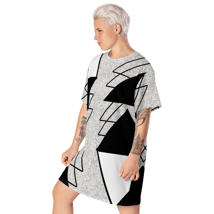 Womens Graphic T-shirt Dress Black and White Ash Grey Triangular - Womens