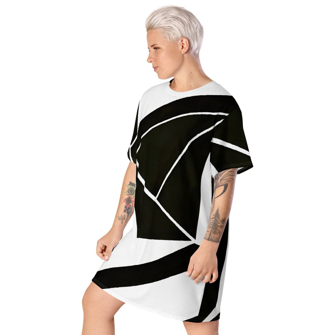 Womens Graphic T-shirt Dress Black and White Geometric Pattern - Womens