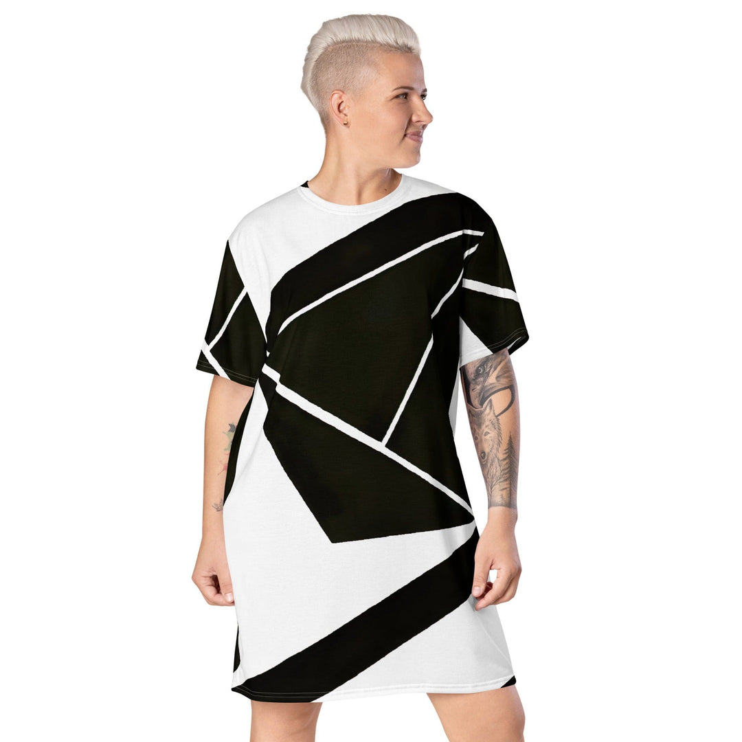 Womens Graphic T-shirt Dress Black and White Geometric Pattern - Womens